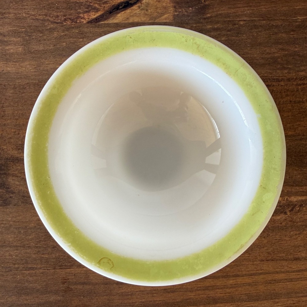 Vintage MCM Milk Glass Lime Green Rim Cereal Soup Bowl Retro Kitchen Pyrex Style